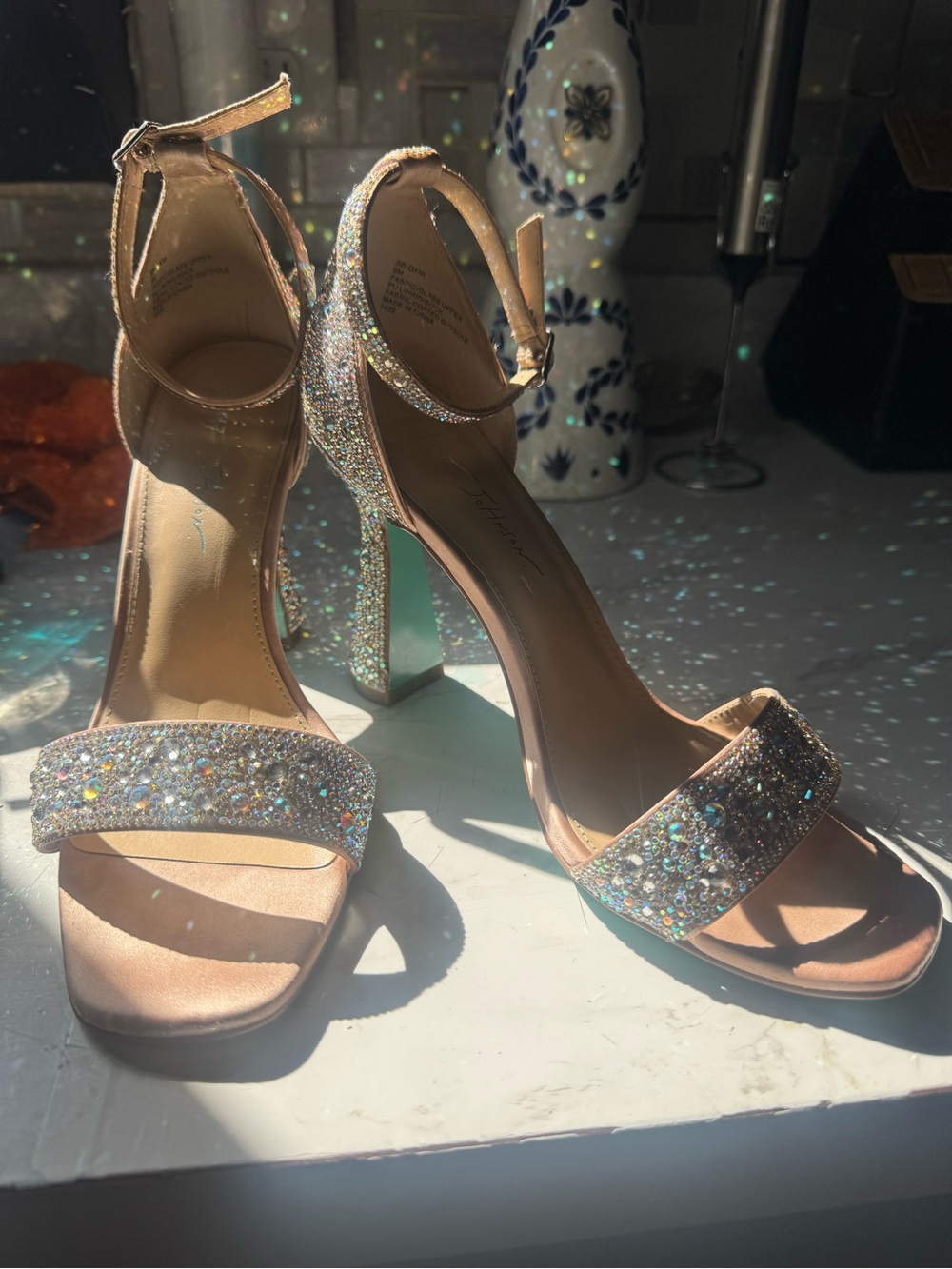 Betsey Johnson Rose Gold Crystal Ankle-Strap Heels